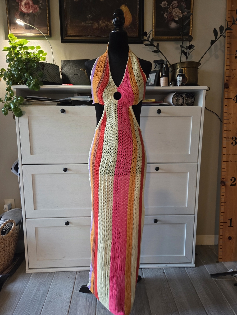 70's Style Striped Crochet Halter Maxi Dress